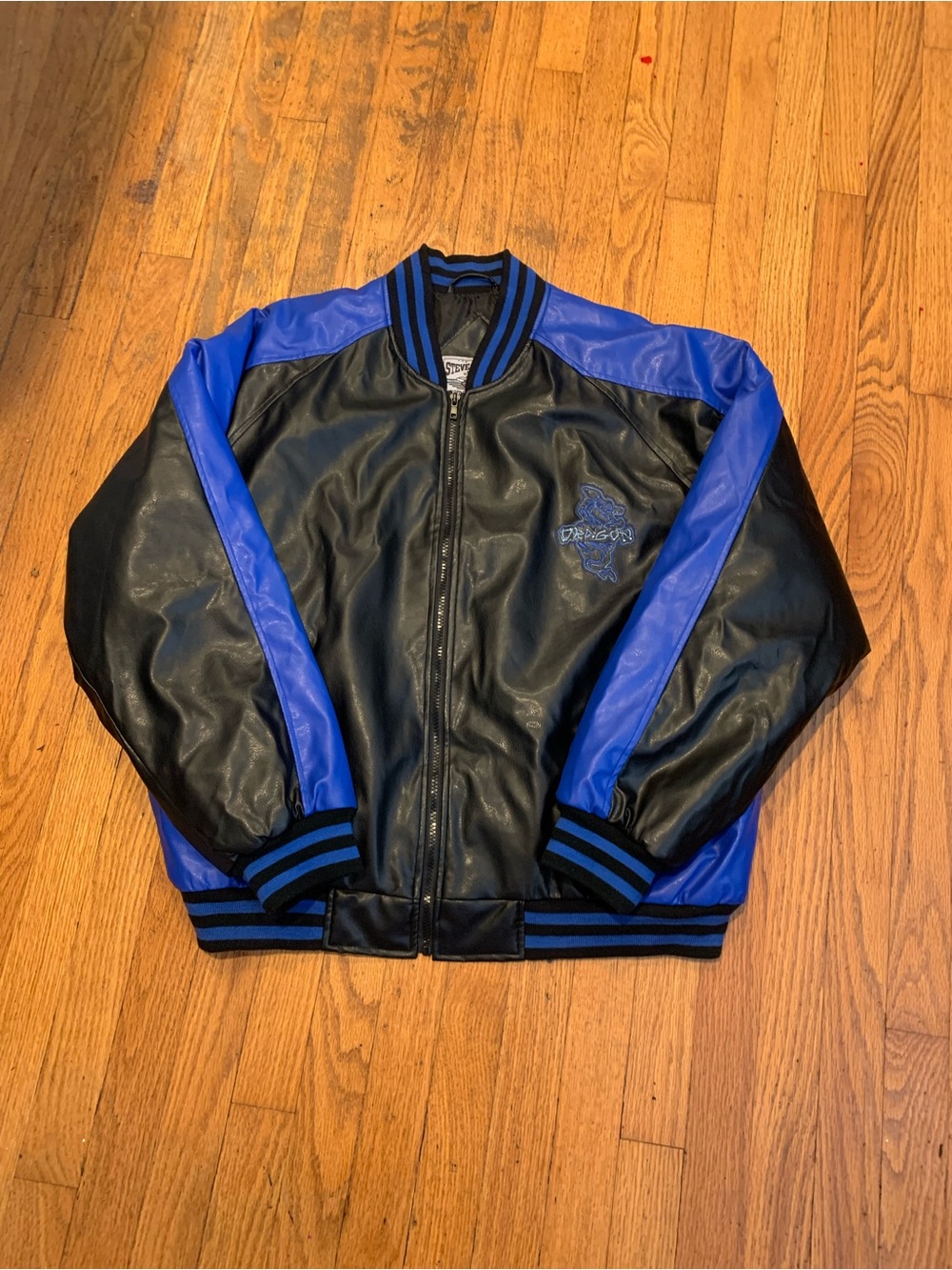 Vintage Y2K Steve & Barry's Black and Blue Dragon Faux Leather Bomber Jacket